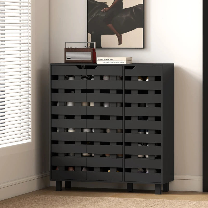 Shoe Cabinet, 20 Pair Shoe Storage Cabinet with Hollowed-Out Doors, Black