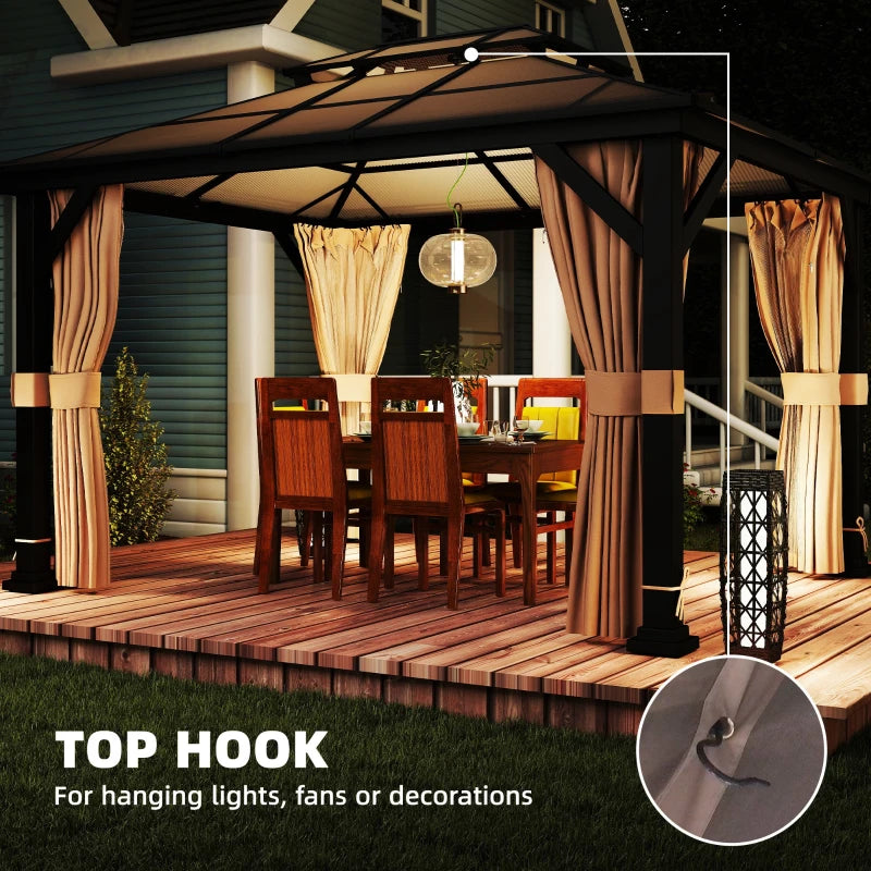 10' x 12' Hardtop Gazebo Canopy with Double PC Roof, Steel Permanent Outdoor Gazebo with Curtains and Netting, Khaki