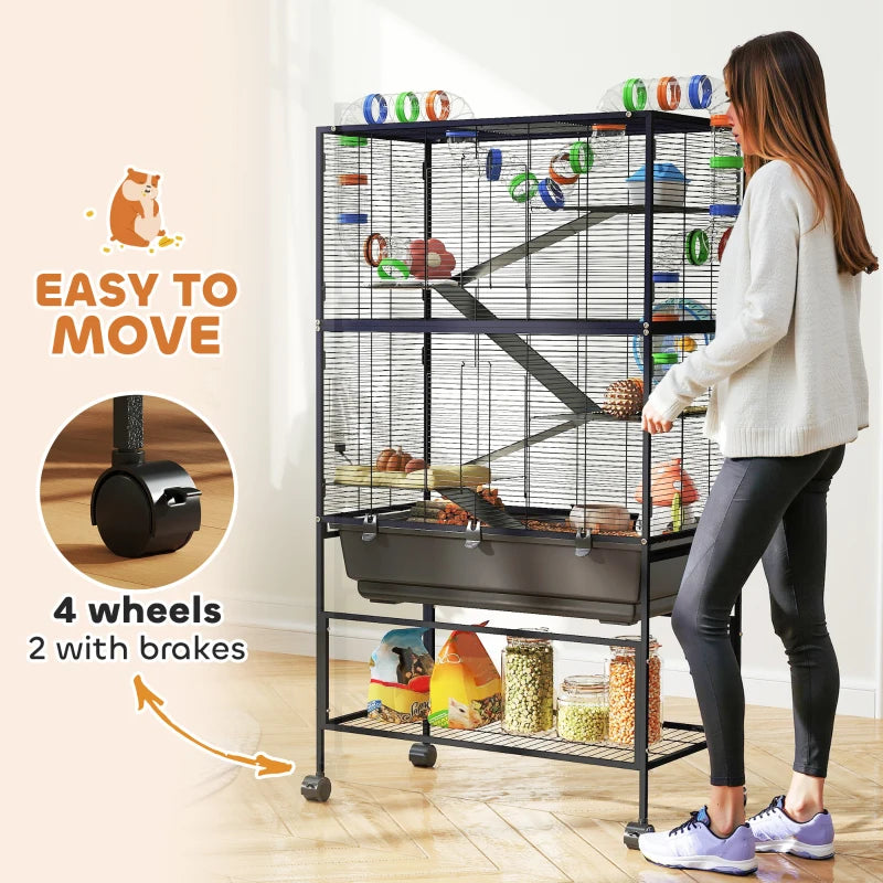 5 Tier Rolling Hamster Cage with 7" Deep Tray, Storage Shelf, Big Exercise Wheel, Tube System, for Syrian, Gerbil, Rat