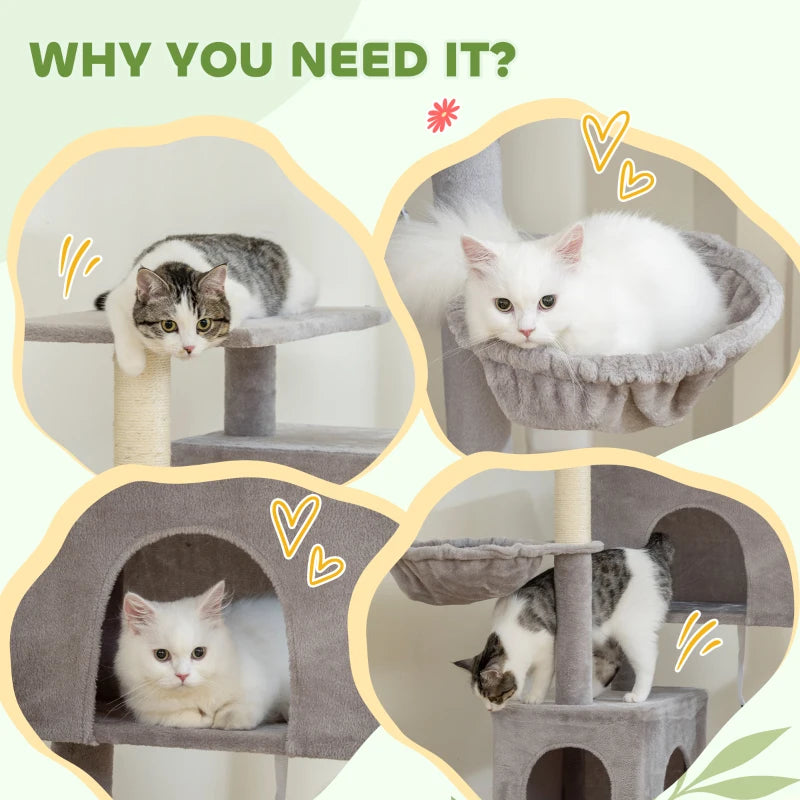 66 Inch Large Cat Tree with 2 Door Condos, 3 Big Hammocks, Plush Top Perch, Sisal Scratching Posts, Light Grey