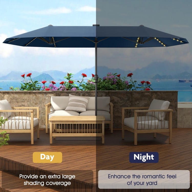 13 FT Large Patio Umbrella with LED Solar Lights and Crank Handle-Navy