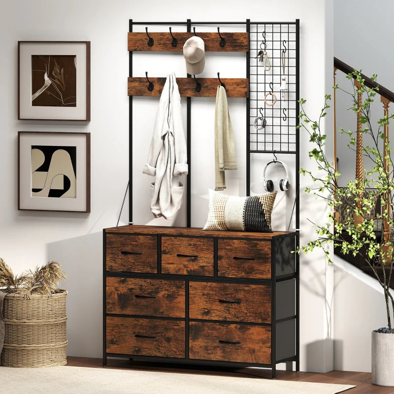 4-In-1 Coat Rack with 7 Drawer Fabric Dresser, Hall Tree with 14 Hooks for Hallway, Entryway, Bedroom, Rustic Brown