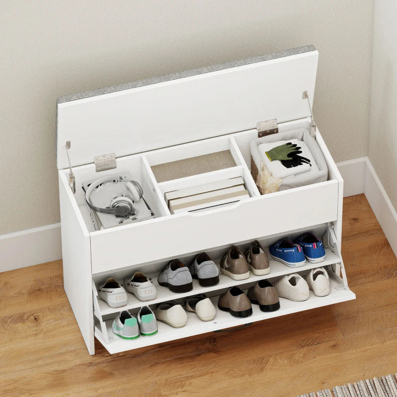 Shoe Storage Bench with Flip Drawer and Lift Top Storage, Entryway Bench with Seat Cushion for Hallway, White