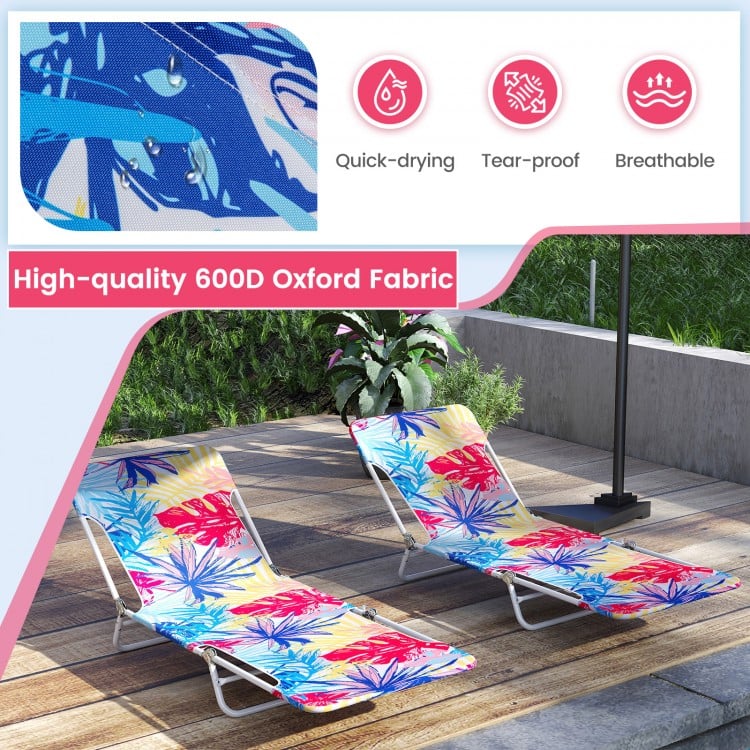 2 Pieces 5-position Lay Flat Beach Recliner with Carry Strap and Metal Frame-Pink