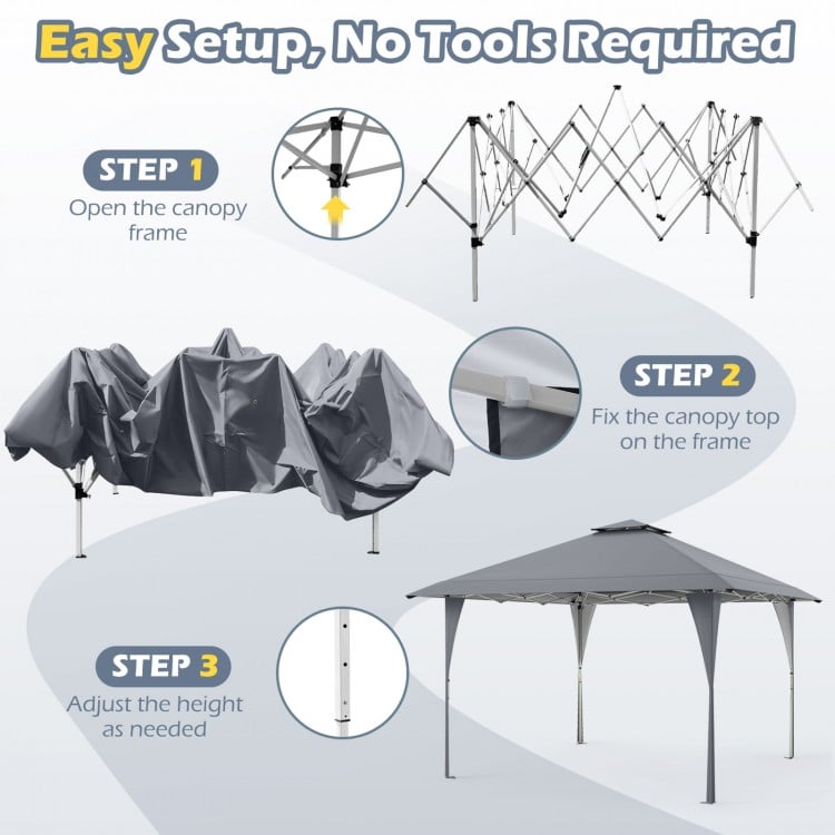 13 X 13 FT Pop up Gazebo with Portable Carrying Bag 8 Stakes and 4 Wind Ropes-Gray