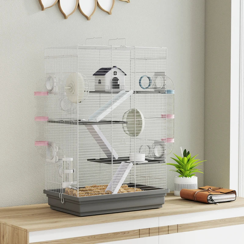 4-Level Large Hamster Cage with DIY Tubes, Water Bottle, Food Dish, Hut, Exercise Wheels, Grey