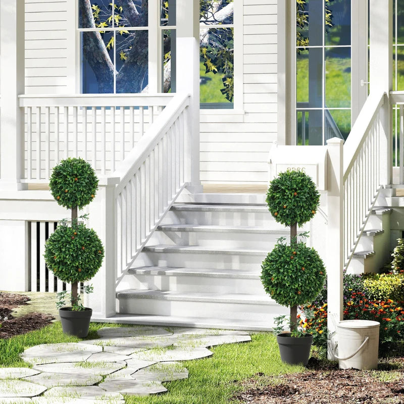 3FT Artificial Boxwood Topiary Tree Set of 2, Faux Two Ball Topiary Tree in Pot for Indoor Outdoor Decor, Green