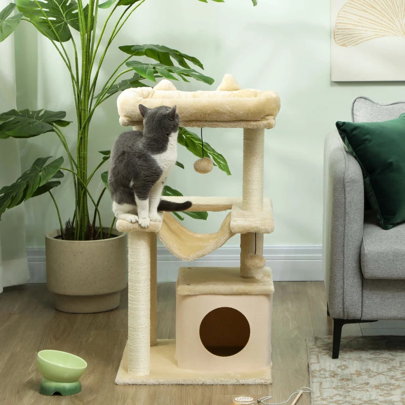 39.25'' Cat Tree Tower Multi-Level Kitten House with Scratching Post Condo Hammock Bed Ball Toy - Beige