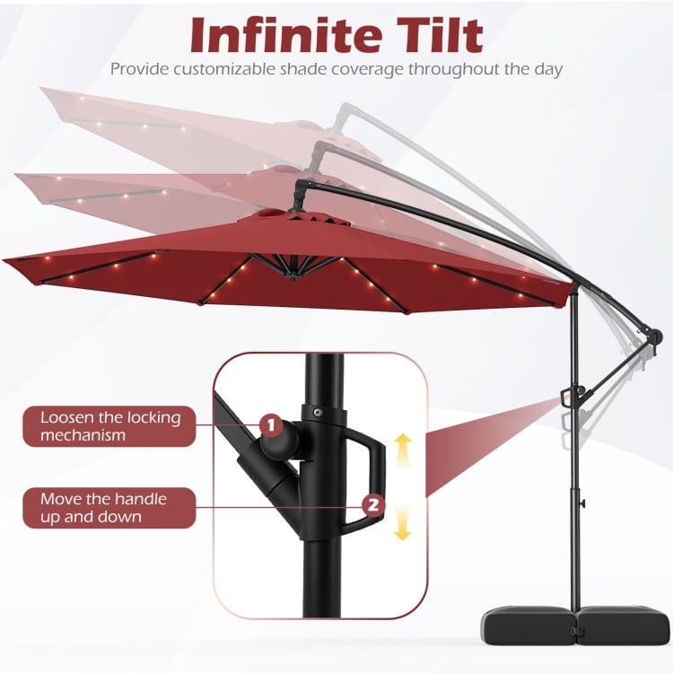 10 Feet Solar Offset Hanging Umbrella with Base and 32 LED Lights-Wine