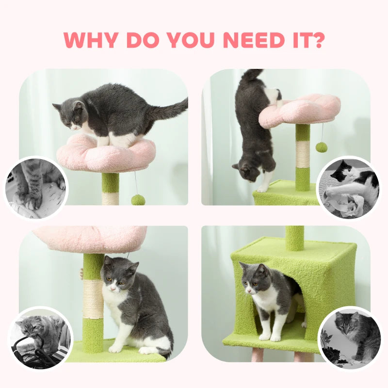 48" Flower Cat Tree with Scratching Post, Cozy Bed, Condo, Climbing Ladder, Perch, Dangling Ball, Green