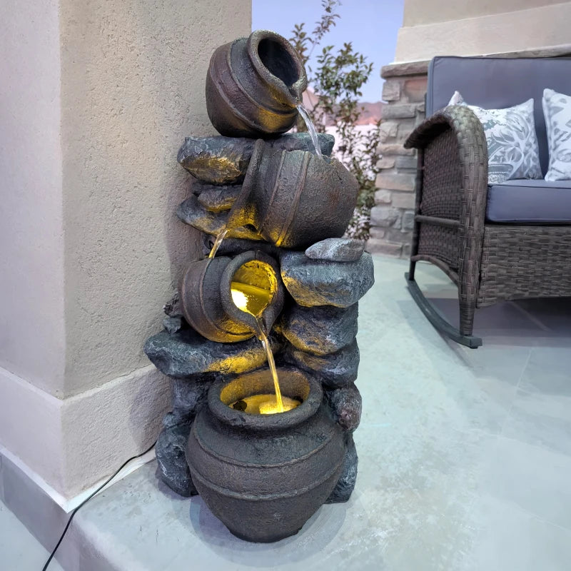 28.3" Solar Water Fountain, 4-Tier Resin Cascading Jars and Stacked Stones Outdoor Waterfall Fountain with LED Lights