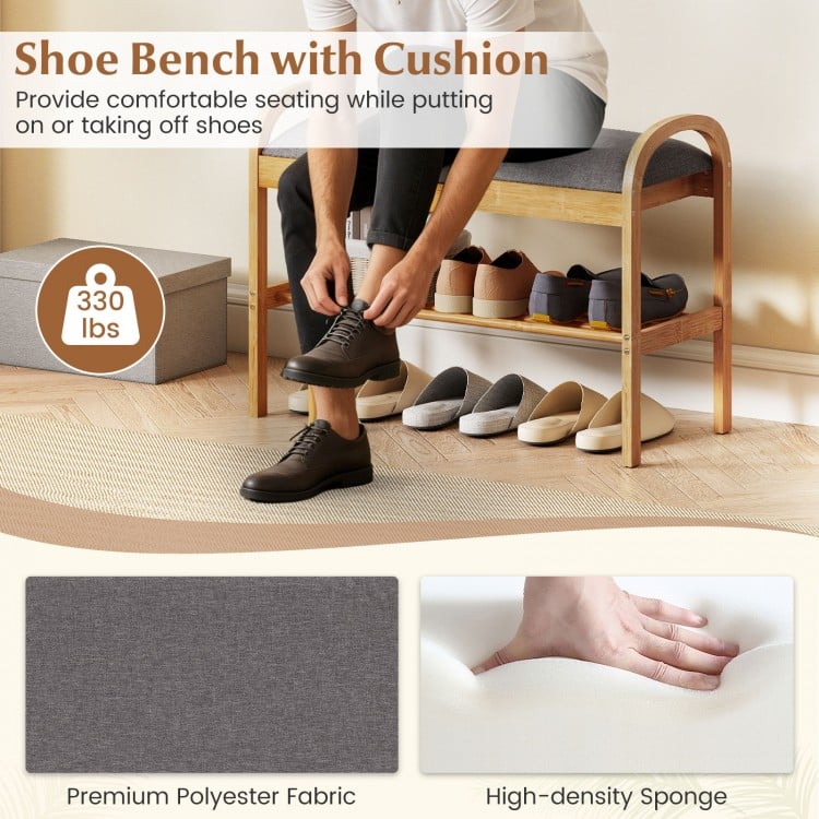 2-Tier Bamboo Shoe Bench with Storage and Padded Cushion-Gray