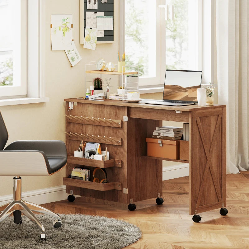 Sewing Machine Table on Wheels, Folding Craft Table with 2 Bins, Storage Shelf, 18 Pegs, Lockable Wheels, Brown