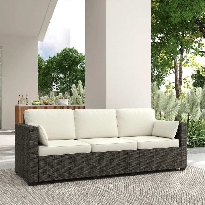 3-Seater Outdoor Sofa with Cushions, PE Rattan Conversation Patio Couch with Pillows for Garden, Poolside, Cream White