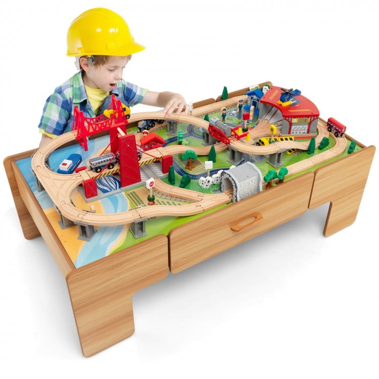 100-Piece Double-Sided Wooden Train Set Table with Storage Drawer for Kids Age 3 +