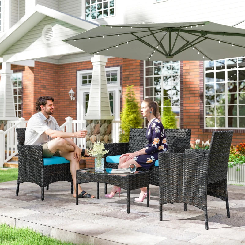 4 Pieces Wicker Outdoor Balcony Furniture Set Rattan Patio Furniture Set with Loveseat Chairs Glass Coffee Table Turquoise