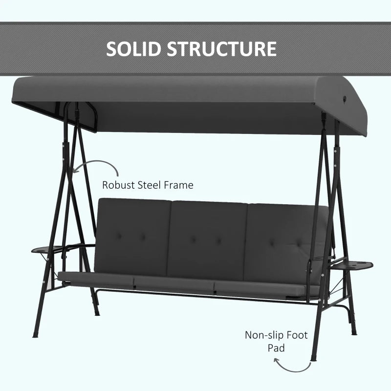 3-Seat Outdoor Porch Swing Patio Swing with Adjustable Canopy, Side Tray, Removable Cushion for Garden, Poolside, Grey
