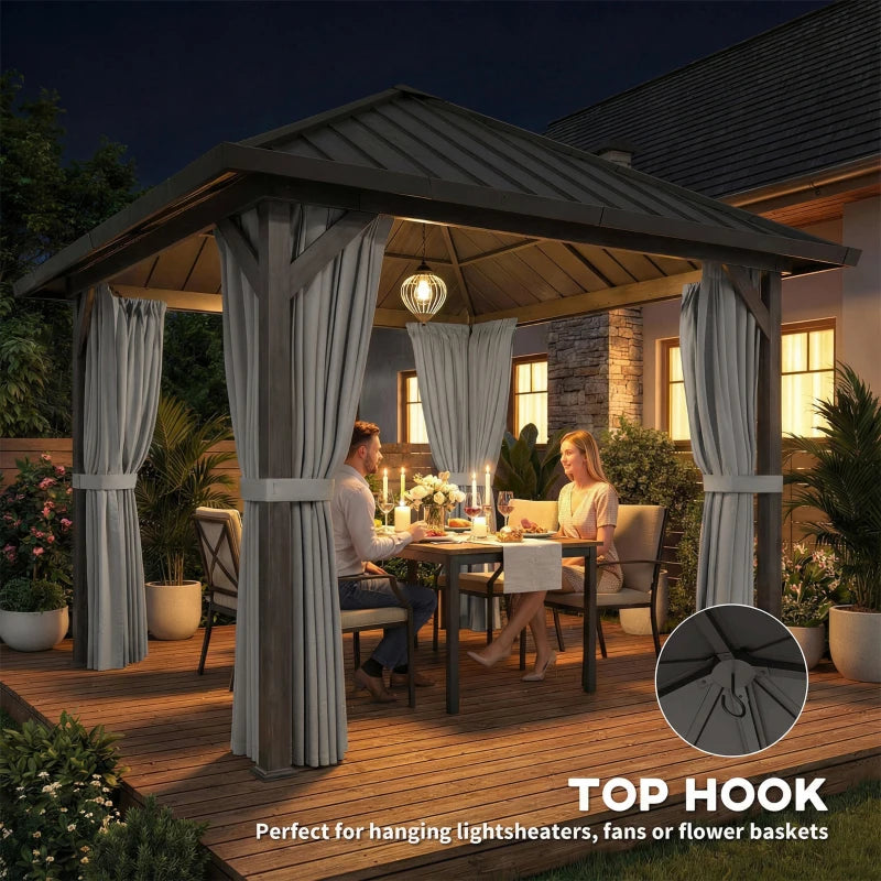 10' x 10' Hardtop Gazebo with Galvanized Steel Roof, Permanent Garden Gazebo with Netting and Curtains