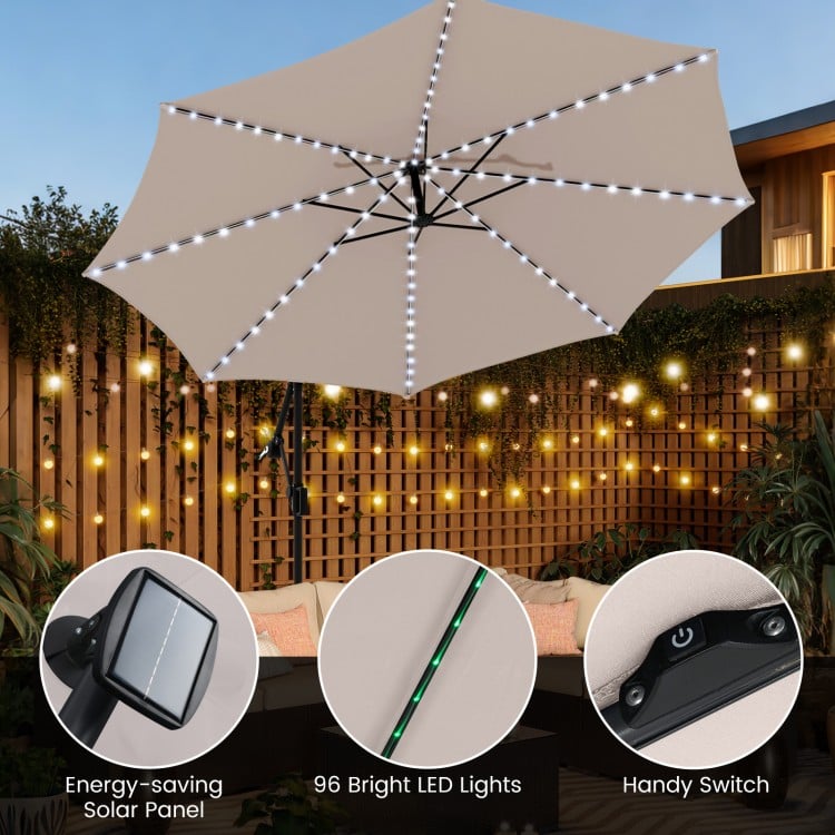10 Feet Solar Offset Hanging Umbrella with Base and LED Lights-Beige
