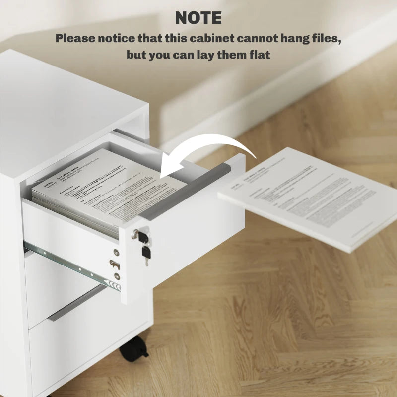 3-Drawer File Cabinet with Wheels, Vertical Filing Cabinet with Lock, White