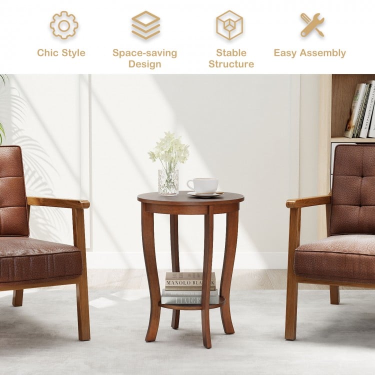 2-tier Round End Table with Solid Wood Legs-Brown