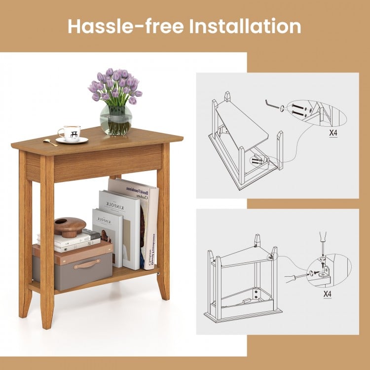2-Tier Wedge Narrow End Table with Storage Shelf and Solid Wood Legs-Walnut