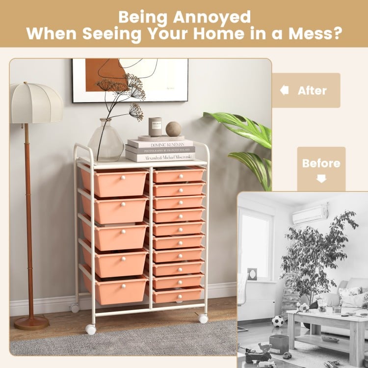 15-Drawer Utility Rolling Organizer Cart Multi-Use Storage-Peach