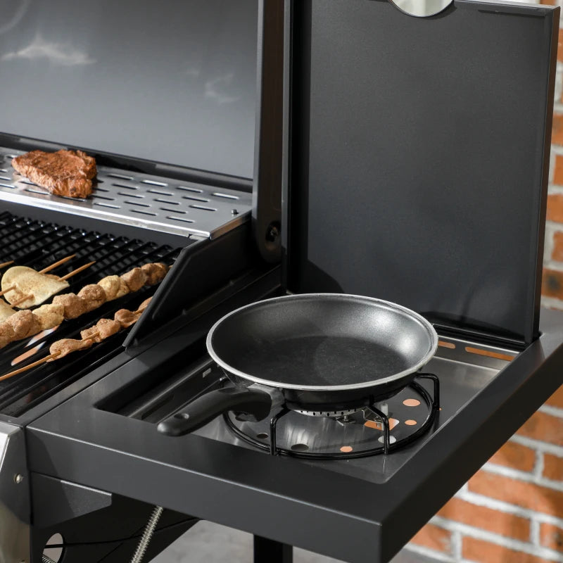 38,000 BTU Propane Gas Grill BBQ Cart with 3 Main Burners, 1 Side Burner, with Warming Rack, Side Prep Tables, Black