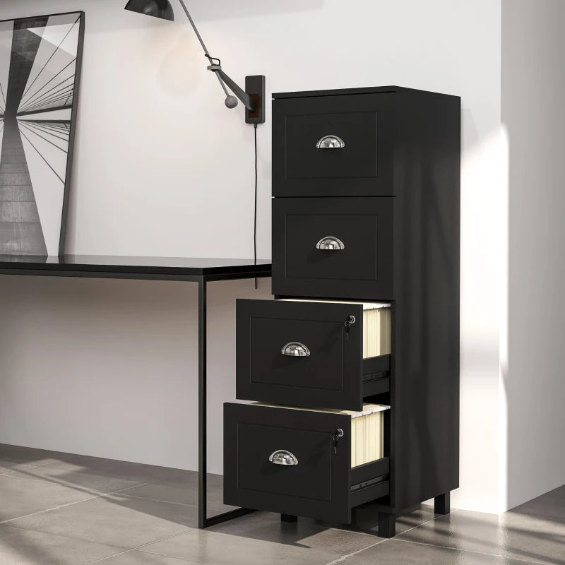 4 Drawer File Cabinet with Lock, Office Filing Cabinet, A4 Letter Size, Hanging File Folders, Black