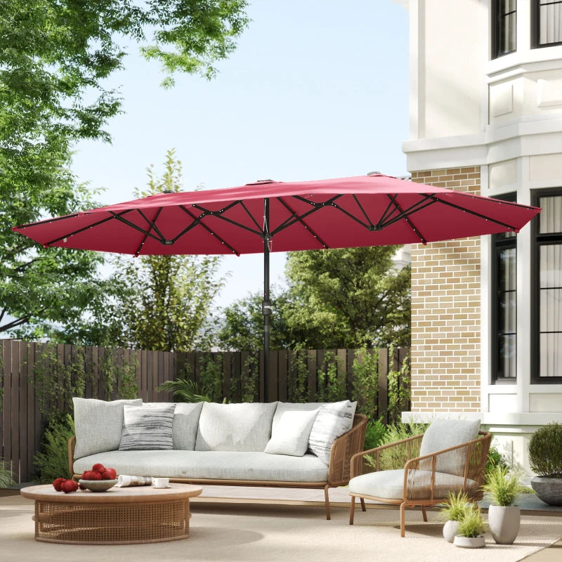 173.2" Double-Sided Sun Umbrella Garden Parasol Patio Sun Shade Outdoor with LED Solar Light, No Base Included, Wine Red