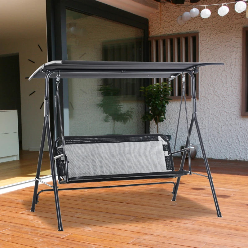 2-Person Porch Swing Chair, 2 Seater Patio Swing Bench w/ Adjustable Canopy, Breathable Seat for Garden, Poolside, Black
