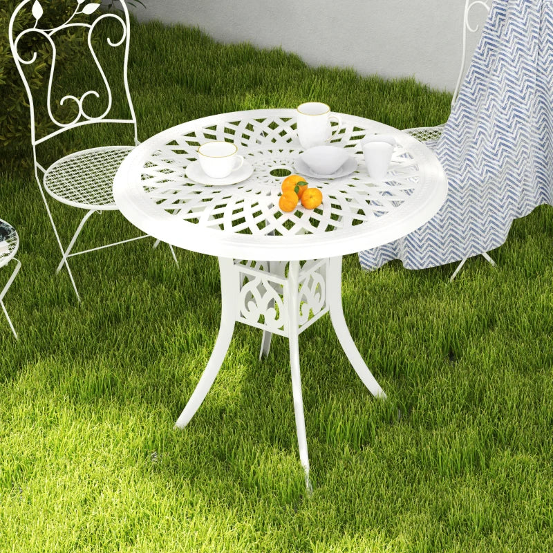 30-inch Round Patio Dining Table with Umbrella Hole Cast Aluminium Outdoor Bistro Table, White
