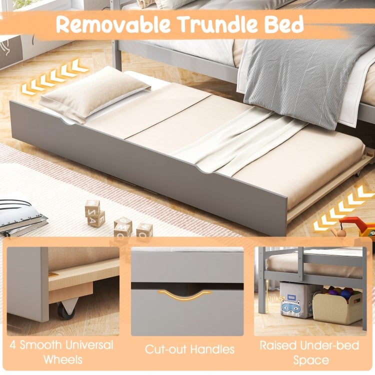 Home Wood Bunk Bed with Guard Rail and 4-step Storage Stairs No Box Spring Needed-Gray