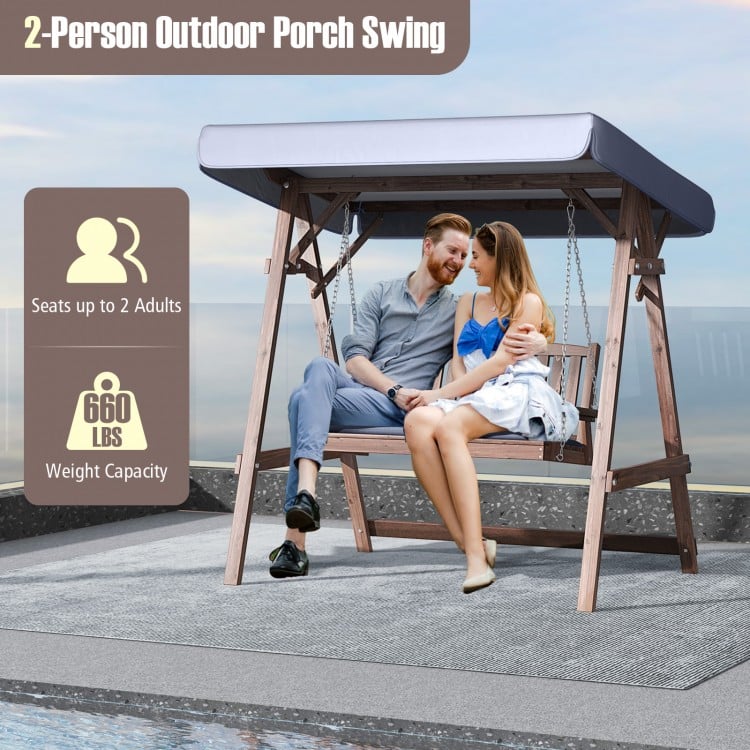 2-Person Porch Swing with Fir Wood Stand and Tilt Canopy-Brown