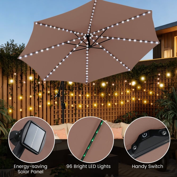 10 Feet Solar Offset Hanging Umbrella with Base and LED Lights-Coffee
