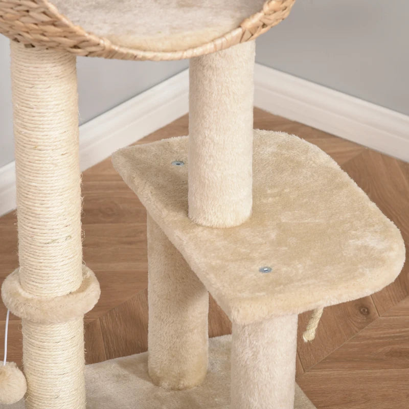39" H Cat Tree with Sisal Scratching Post, Condo, Plush Perch, Hanging Rope and Hanging Ball, Beige
