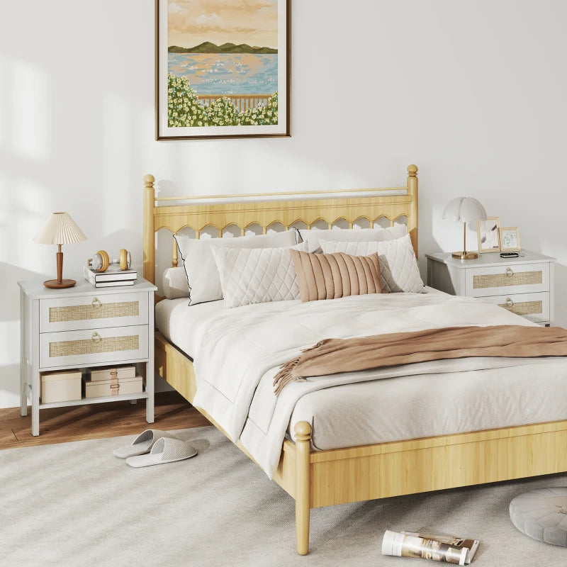 Set of 2 Boho Bedside Tables, Rattan Nightstands with 2 Drawers, Storage Shelf, End Side Tables for Bedroom, White Oak