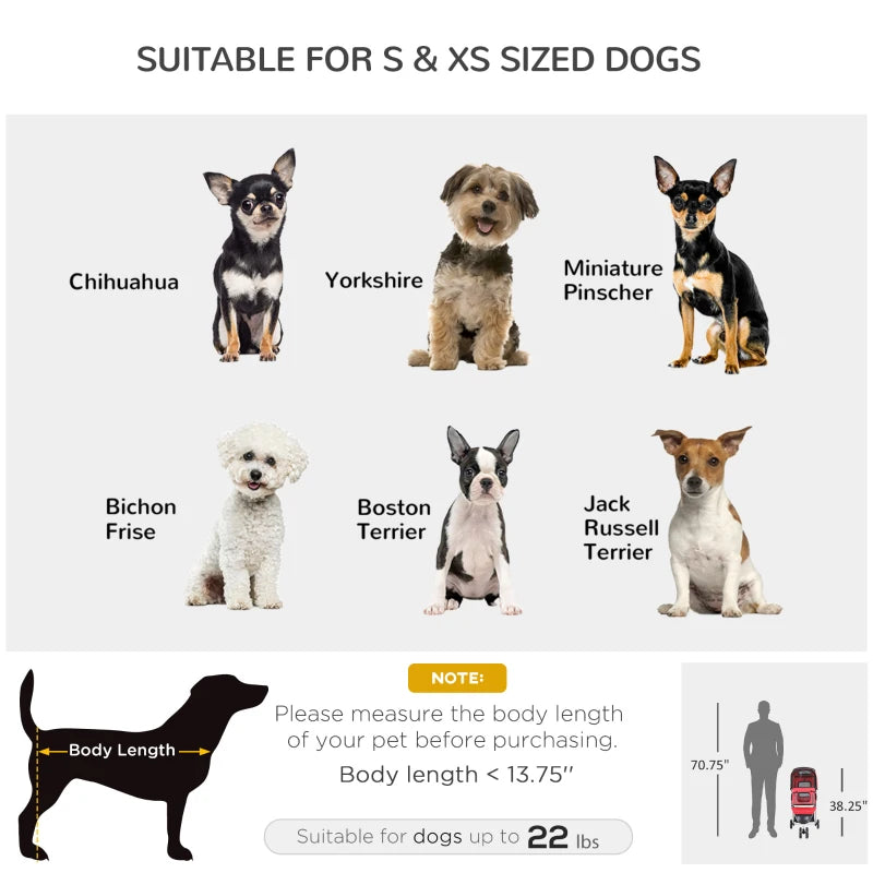3 Wheels Foldable Dog Stroller with Storage Basket, Adjustable Canopy, Cupholder for Miniature and Small Dogs, Red