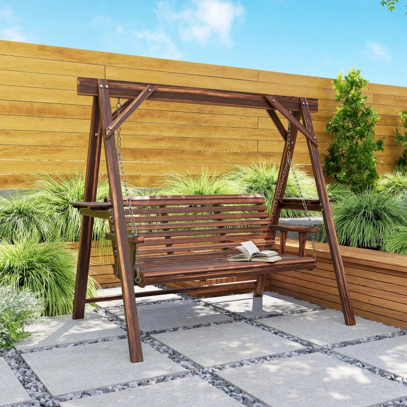 3 Seat Wooden Porch Swing with Stand, Patio Swing with Side Tables, for Garden, Poolside, Backyard, Carbonized Brown