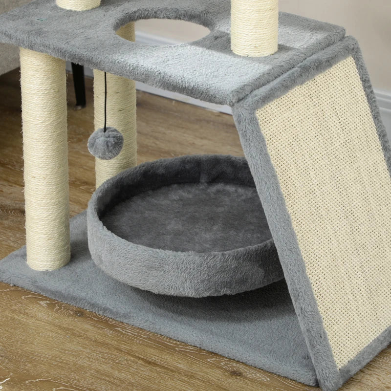 Small Cat Tree with Perch, Scratching Posts, Pad, Bed, Toy Balls, Light Grey