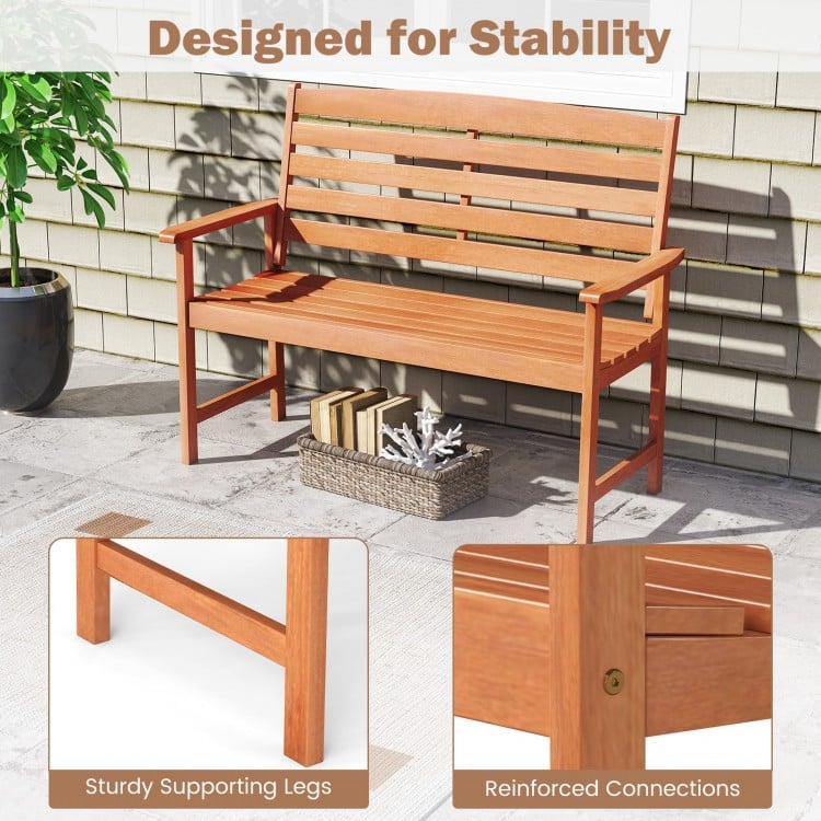 2-Person Wooden Garden Bench with Slatted Backrest and Comfortable Armrests