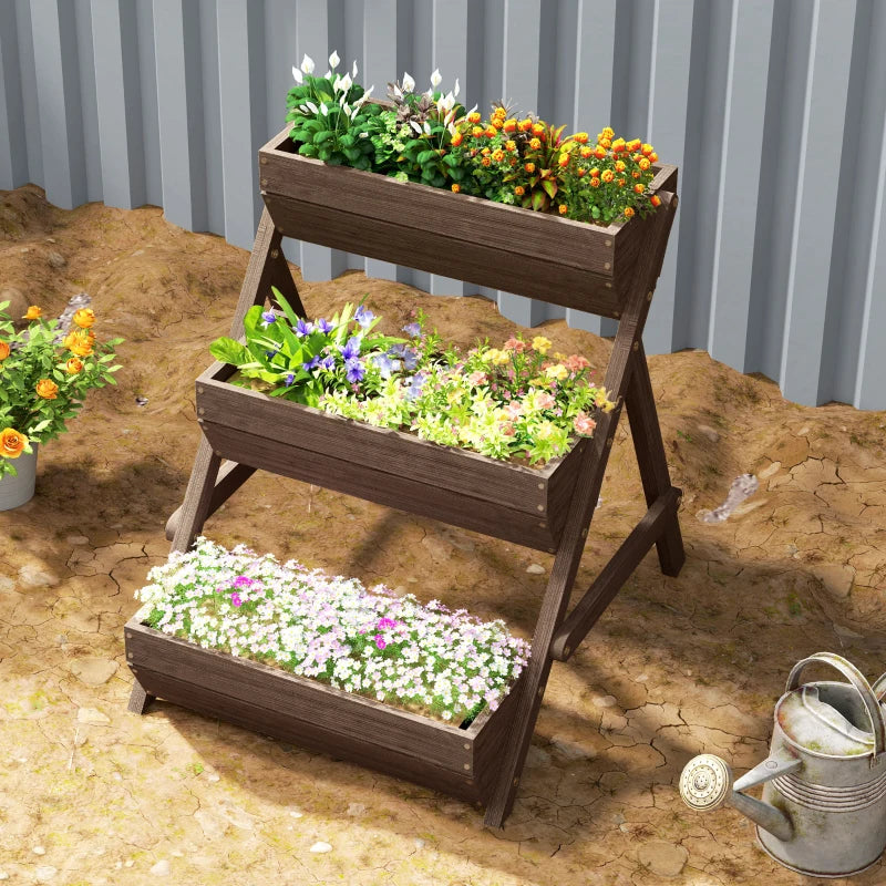 3 Tier Elevated Planter Box, Vertical Wooden Raised Garden Bed for Flowers, Vegetables, 26" x 30" x 30", Carbonized