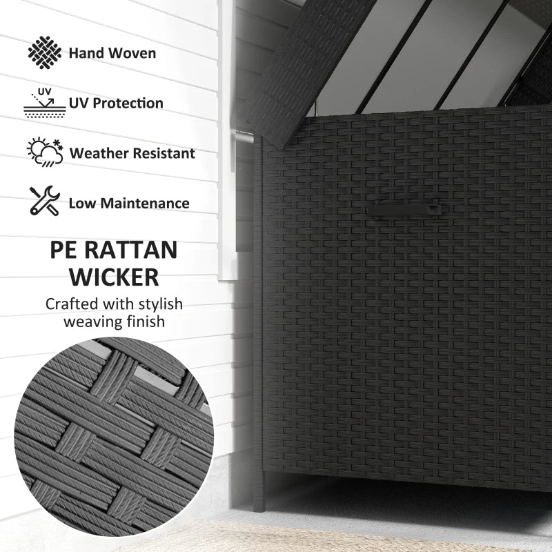 165 Gallon Deck Box, Wicker Outdoor Patio Storage Box with Waterproof Liner, Gas Strut and Universal Wheels, Black