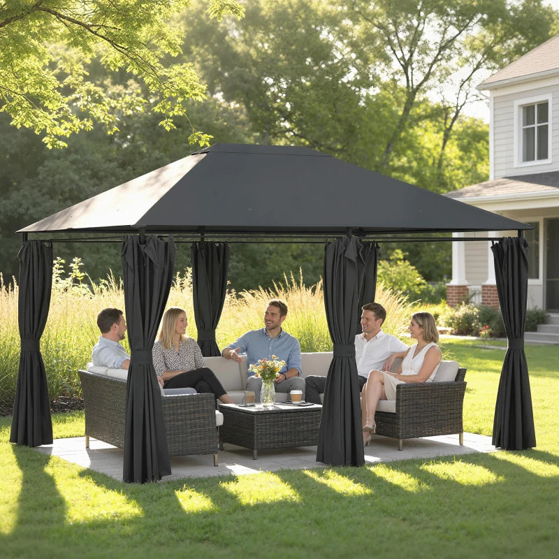 13'x 10' Soft-top Steel Patio Gazebo Canopy Party Tent with 6 Removable Curtains and Drainage Holes, Dark Grey