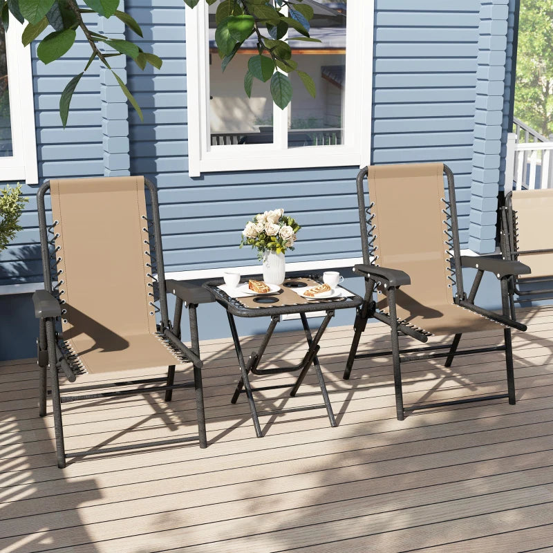 3 Pieces Patio Bistro Set, Outdoor Folding Table and Chairs Set, Metal Patio Furniture Set with Cup Holders, Khaki