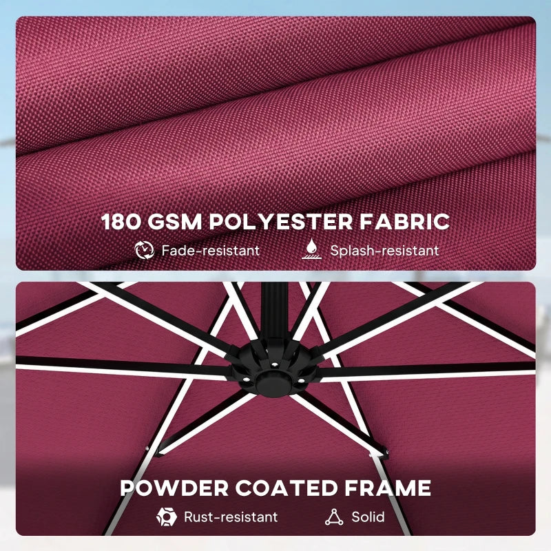 10 ft Offset Patio Umbrella with Solar Light, Garden Hanging Parasol with 360° Rotation, Tilt, Cover, Wine Red