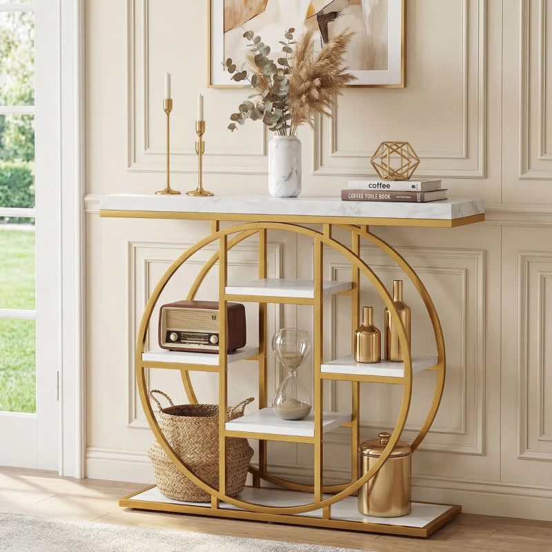 39.4" Console Table with Storage Shelves, Industrial Sofa Table for Living Room, Hallway, White Marble Effect