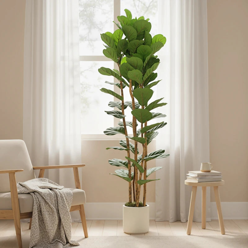 6FT Artificial Fiddle Leaf Fig Tree, Fake Potted Tree with Solid Wood Trunks and Lifelike Leaves for Indoor Decor, Green