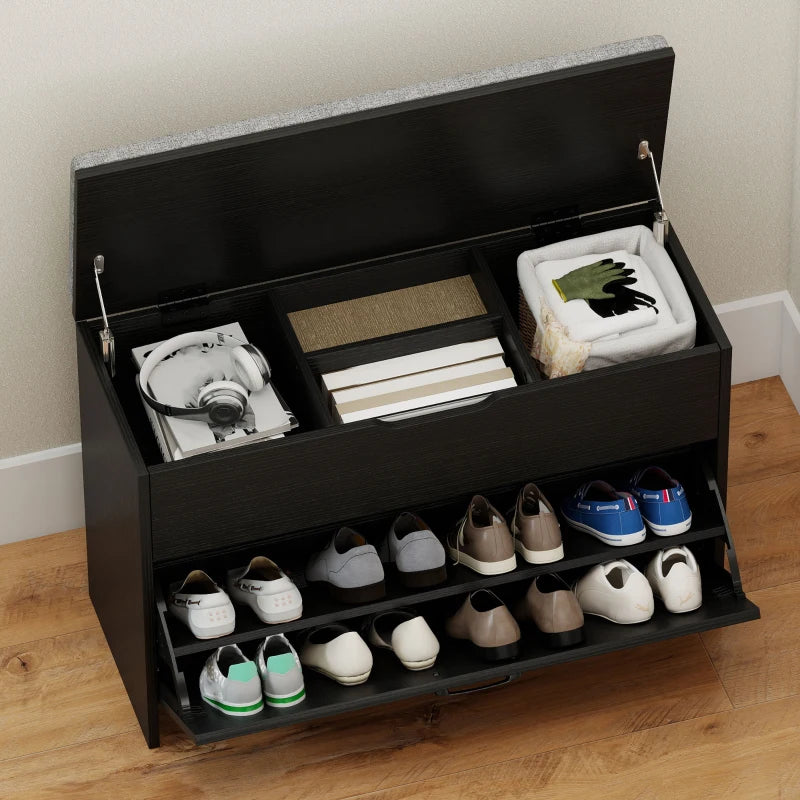 Shoe Storage Bench with Flip Drawer and Lift Top Storage, Entryway Bench with Seat Cushion for Hallway, Black