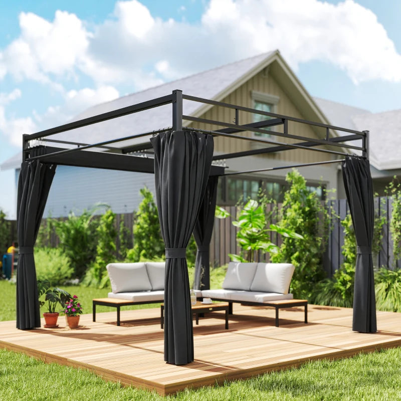 10' x 10' Outdoor Gazebo, Retractable Pergola Canopy with Curtains, UPF30+ Free Standing Metal Pergola Kit, Dark Grey